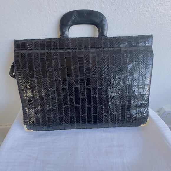 Vintage Delane Handbag Fashion Italy Black Eel Briefcase Amiet Brass Hardware - Picture 7 of 11